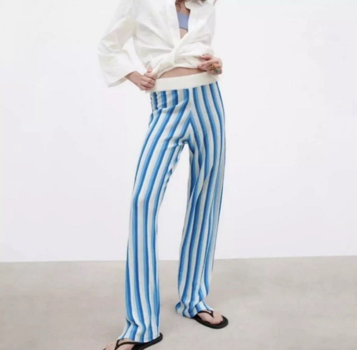 Zara Women’s Strip Linen Blend Relaxed Beach Resortwear Pants SZ M