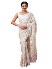 Women's Botanical Embroidered Designer Organza Saree With Unstitched Blouse