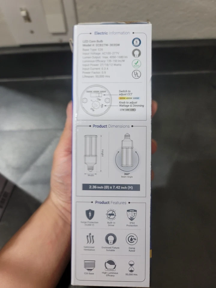 Euri E26 LED Corn Bulb, CCT (3K, 4K, 5K) & Wattage Tunable - 27W, 18W, 12W - Image 4 of 4
