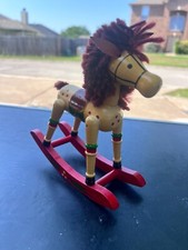 Festive Vintage Wooden Rocking Horse   Christmas Pony Figurine with Red Yarn