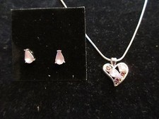 Necklace Earring Set 925 Silver Rhinestone Pink Jeweled Heart Pendant Studs CHIC