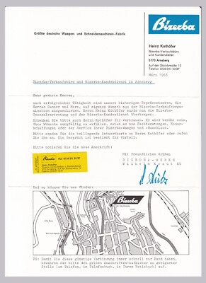 Schreiben 1968 Bizerba Waagen Schneidemaschinen Fabrik Kothöfer Arnsberg GV KD