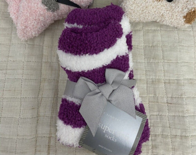 Macy's Purple White Stripe Winter Cozy Fuzzy Socks Microfiber Soft Touch, Comfy~