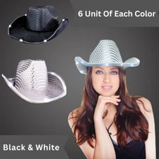 Party Glowz Sequin LED Light Up Flashing White & Black Cowboy Hat - Pack of 12