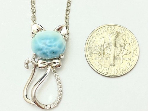 P4396 Natural Caribbean Ocean Blue Larimar Kitty Cat Sterling Silver Pendant - Picture 2 of 2