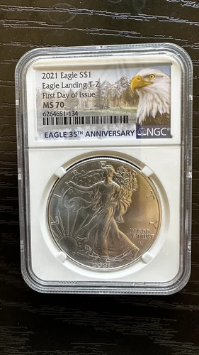2021 Silver Eagle T-2 Eagle Landing $1 MS 70 NGC 35th Anniversary First Releases
