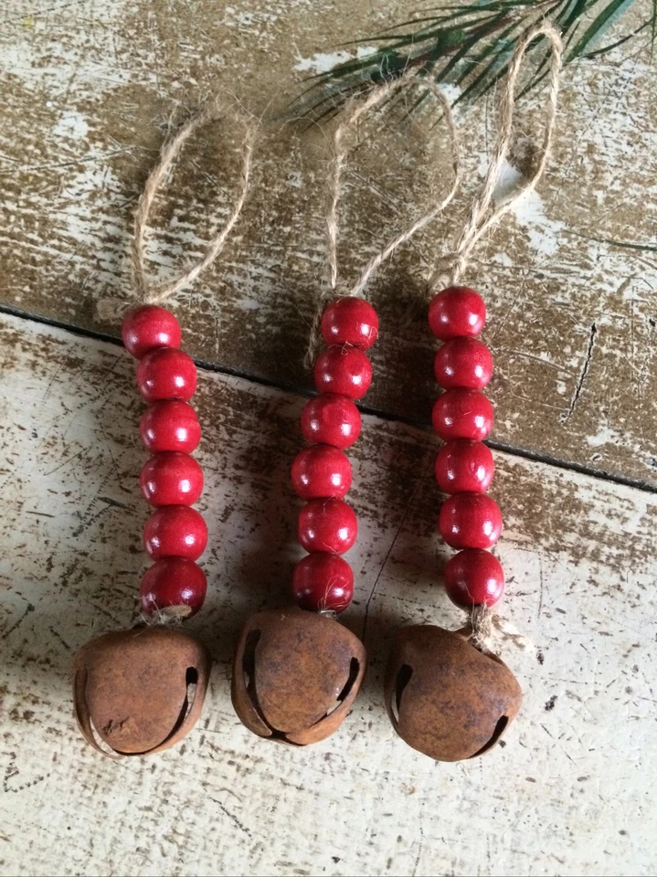 Set/6 Handmade Cranberry Farmhouse Wooden Bead 6" Ornaments Rusty Jingle Bells - Image 3 of 4