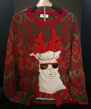 Holiday Time Unisex Christmas Sweater Size Medium Llama With Scarf Antlers