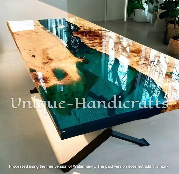 Green Clear Epoxy Dining Table, Live Edge Counter Table, Office Patio Furniture