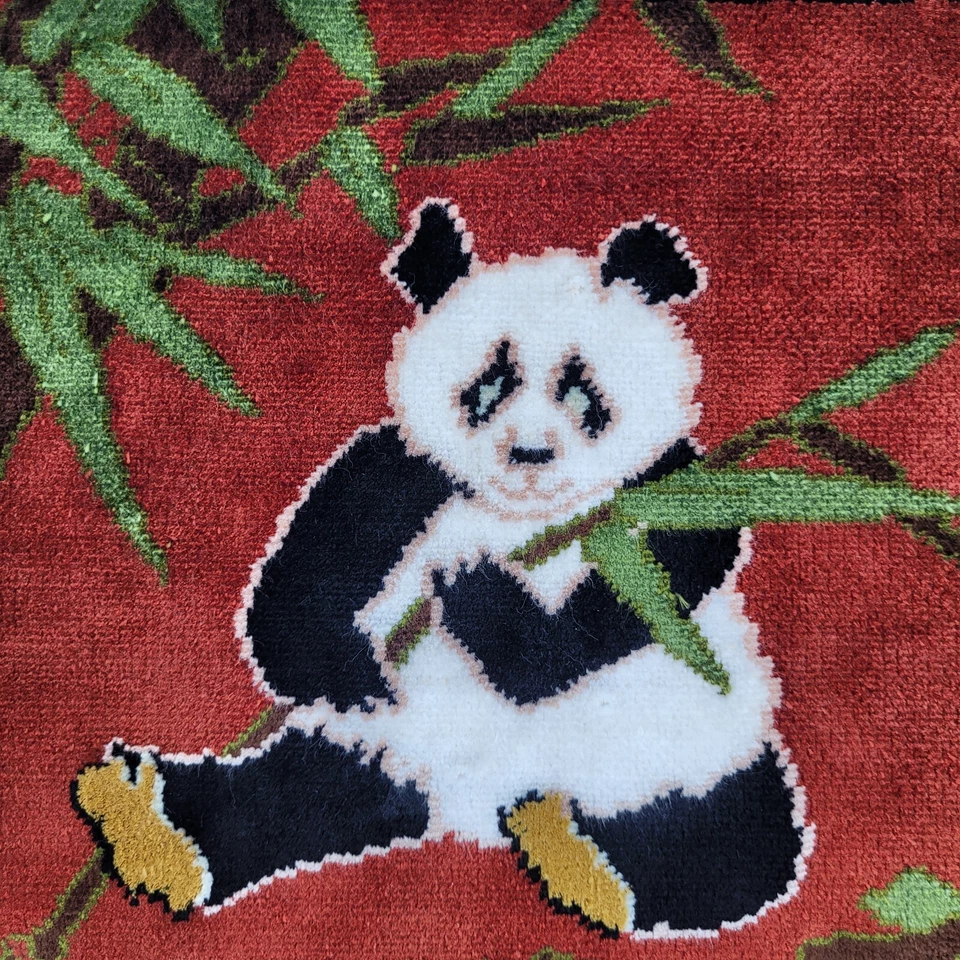 Wall Hanging Rug Tabletop Doll House Hand Knotted Panda Bear Bamboo Fringe 12x12 - Image 2 of 4