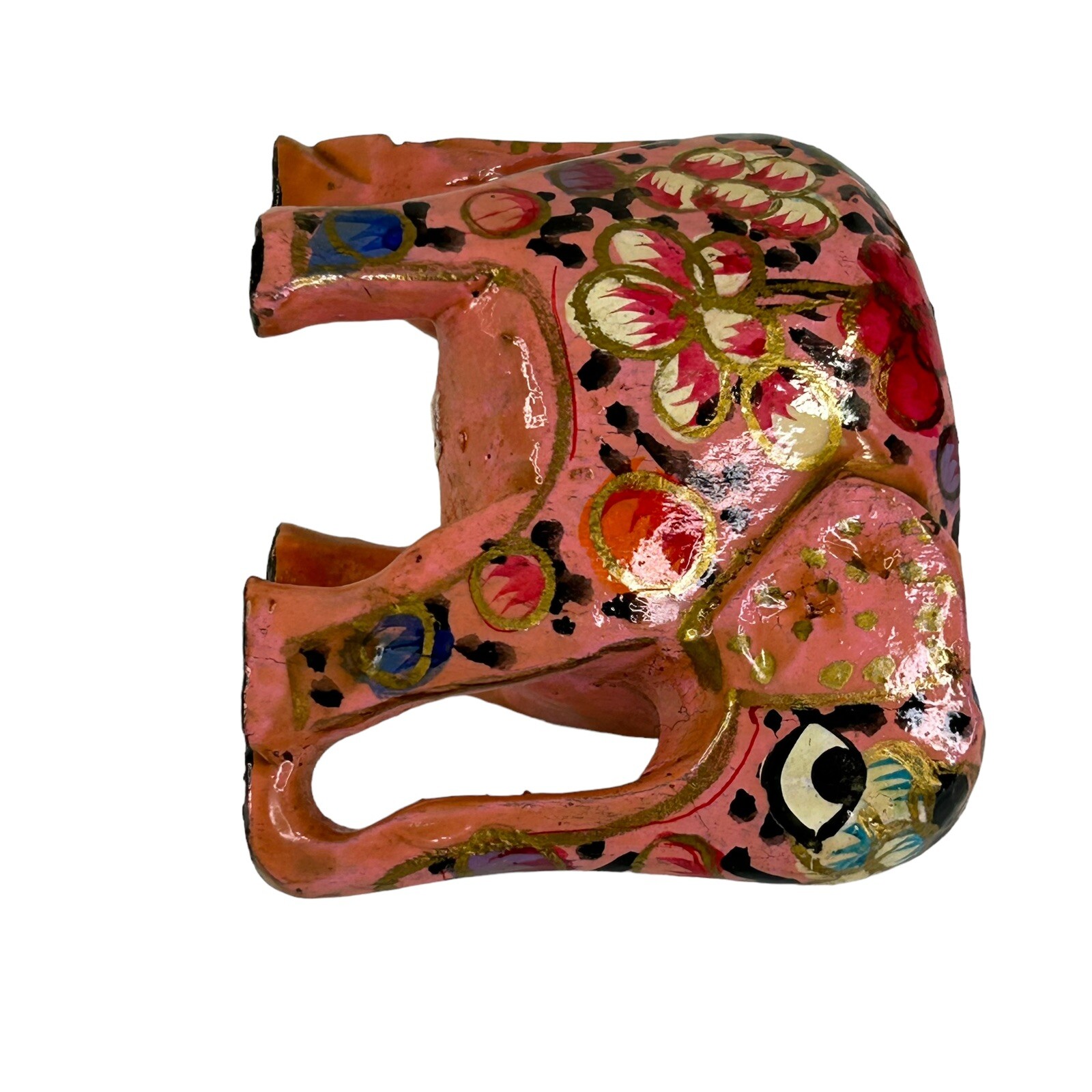 KASHMIRI PAPER MACHE ELEPHANT Figurine Multicolor Lacquered Floral Painted 2"