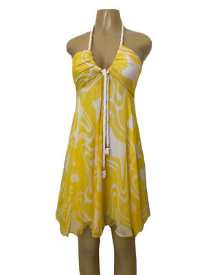 Milly Dress Flare Empire Waist Silk Yellow White Lined Rope Halter Neck 4 S