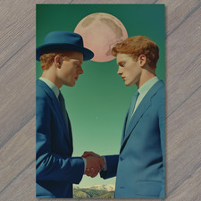 POSTCARD Red Haired Men Shaking Hands Blue Suits Surreal Pink Moon Green Sky