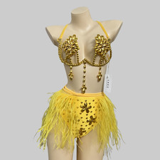 Samba Carnival RAVE EDC Party Costume Stone Feather Hip Scarf Wire Bra Panties
