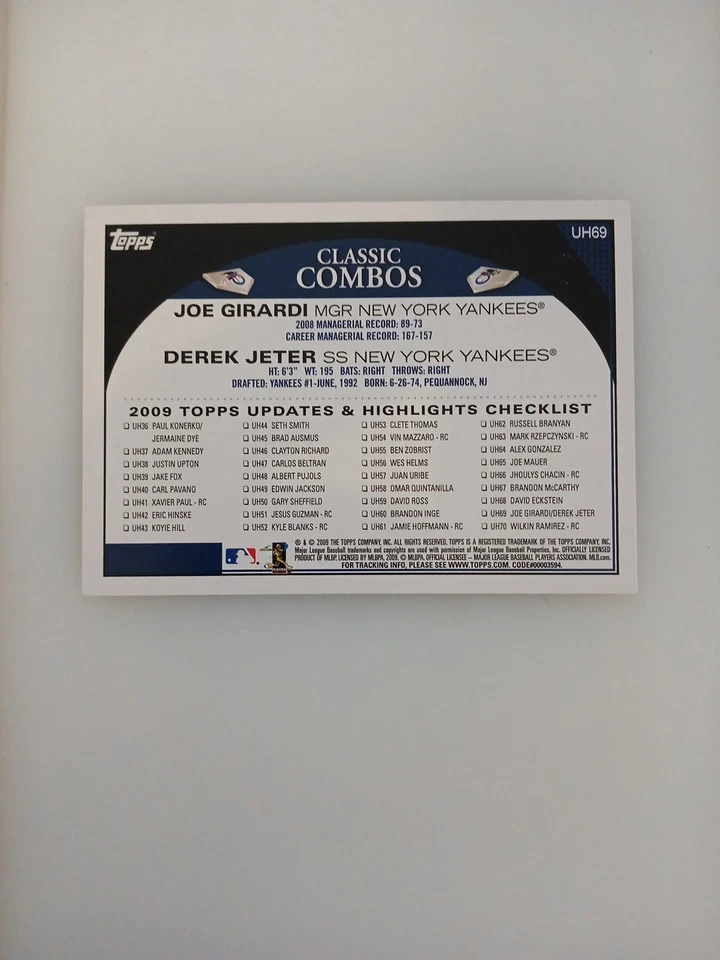 2009 Topps  - Classic Combos Derek Jeter, Joe Girardi #UH69 Girardi & Jeter - Image 2 of 2
