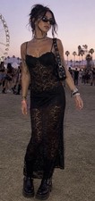 Windsor Black Lace Sheer Maxi Dress Spaghetti Strap Bodycon Goth Y2K Medium