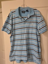 Chaps Stretch Striped Polo Shirt Light Blue White Navy L/G Short Sleeve Collared