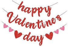 Happy Valentines Day Banner, Valentines Day Decorations Pink Glitter Heart Red