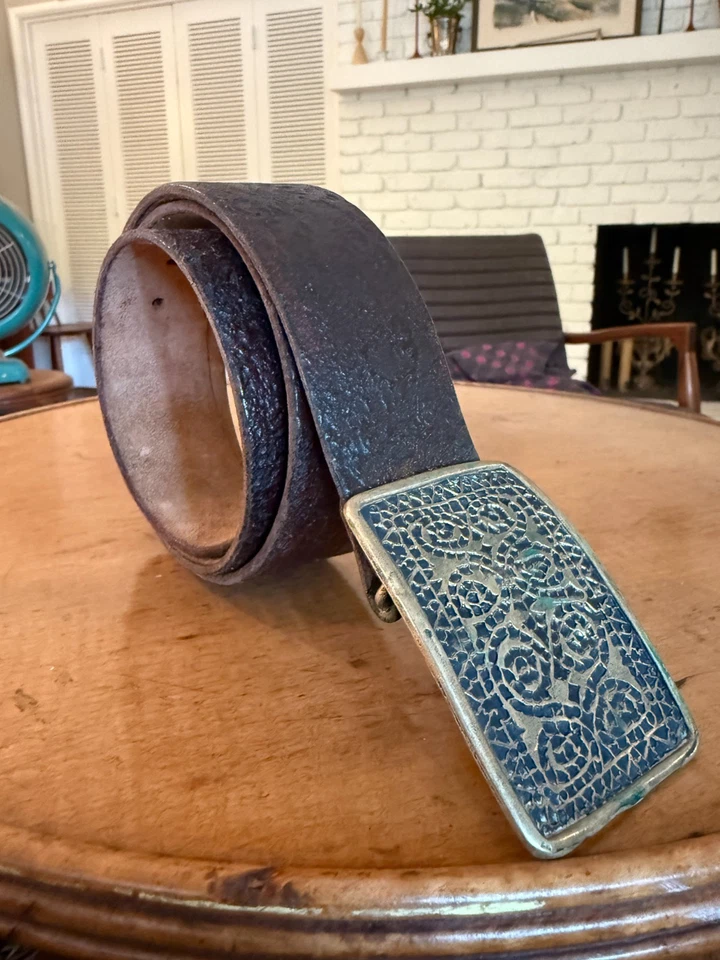 Cinturón Brutalista Latón Hebilla Grano Completo Cuero Vaca De Colección Años 70 Hecho a Mano 40 Foto 2 de 4