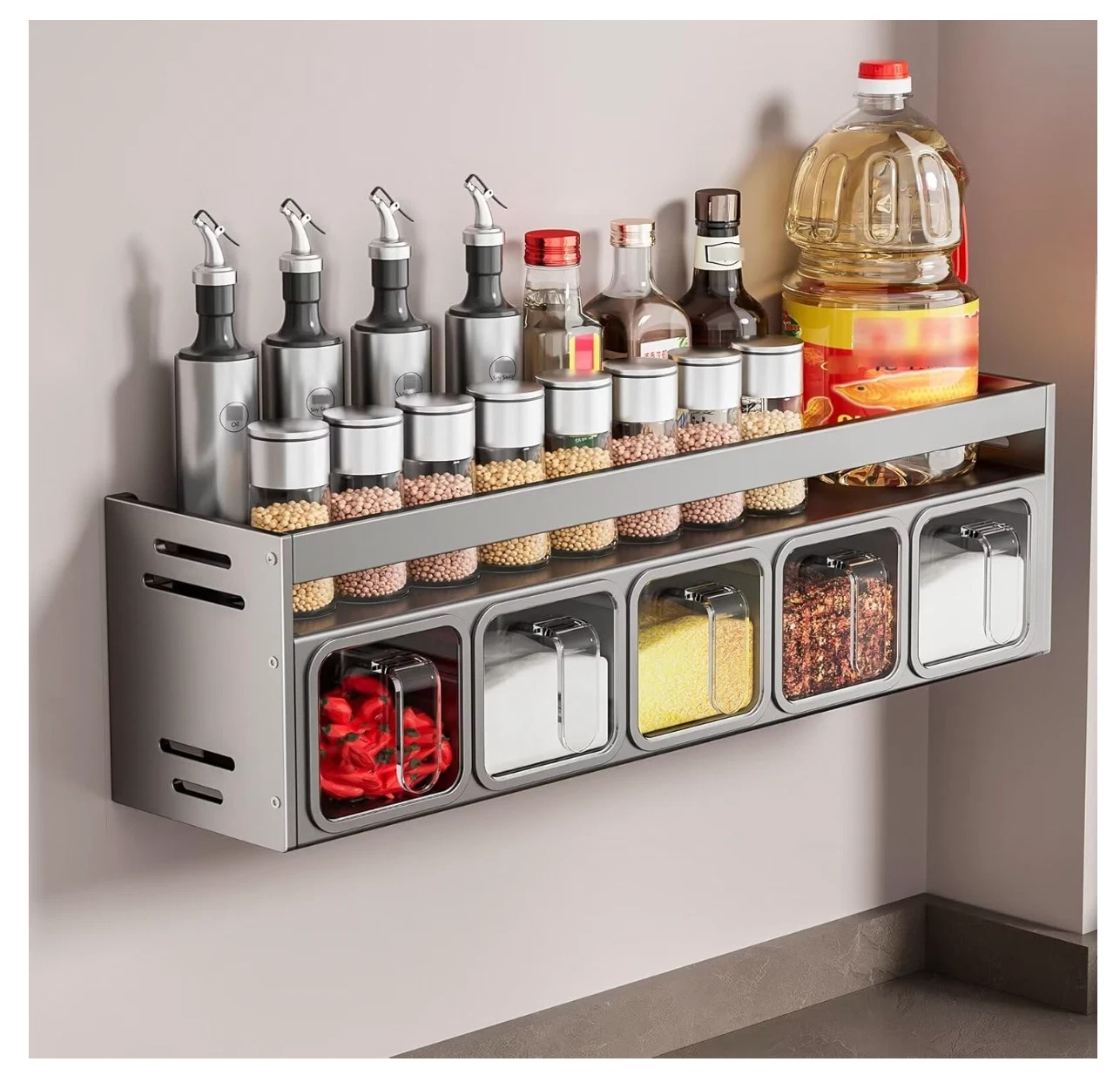 Wall Spice Rack Holder Organiser with 5 drawers