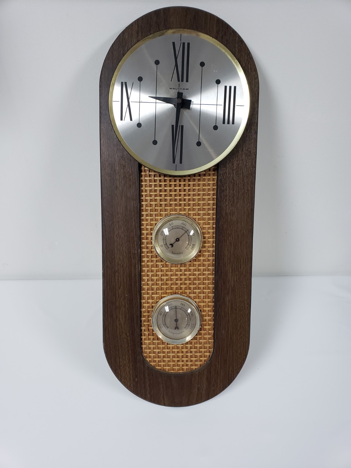 Vintage Waltham Wall Clock Mid Century Modern Temperature Humidity w/FLAWS 23in