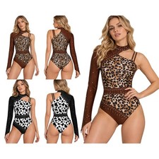Womens Bodysuit Sparkle Costume Catsuit Leotard Single Strap Party Long Sleeve