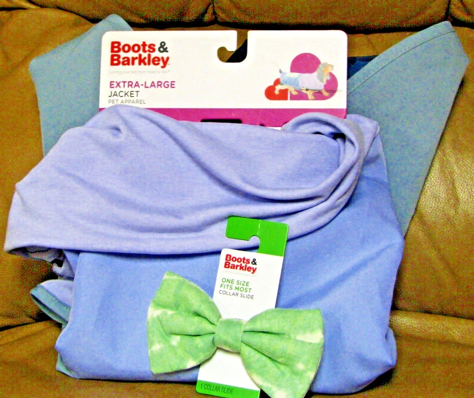 New XL..BLUE/GREEN  PET  JACKET & TIE-DYE BOW,   BRUSH & 2 CHRISTMAS HEADBAND - Image 3 of 4
