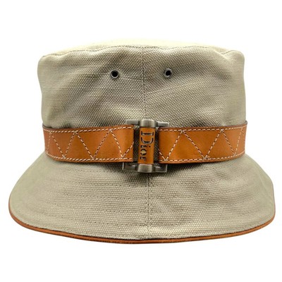 Christian Dior Light Khaki Green Canvas & Brown Leather Bucket Hat