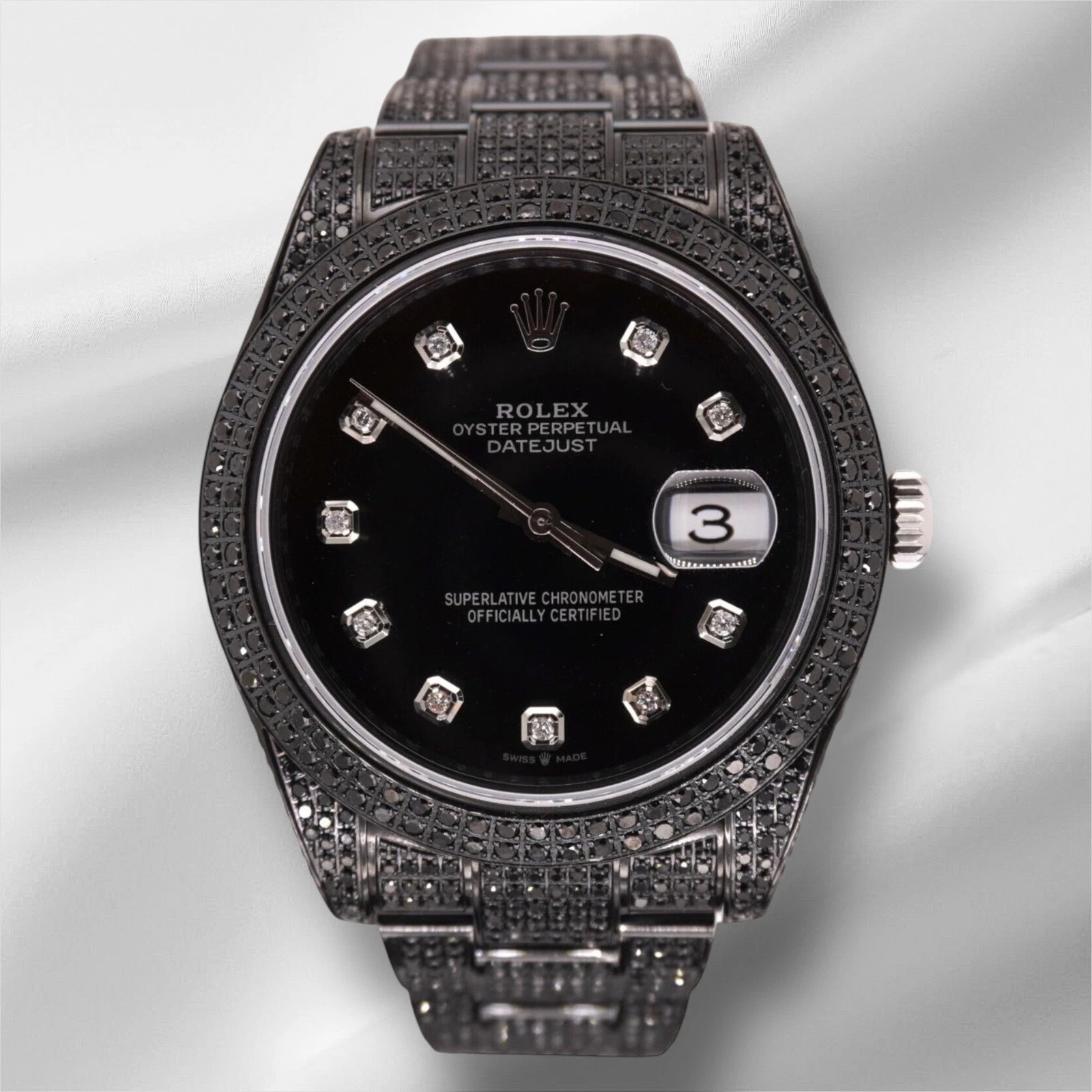 Rolex — Rolex Men's Datejust 41mm Black Iced Out 10ct Diamonds Oyster Steel Watch 116300