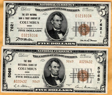 high grade $5 Type 1 and II Series 1929 Natlional Banknotes from Columbus, OH