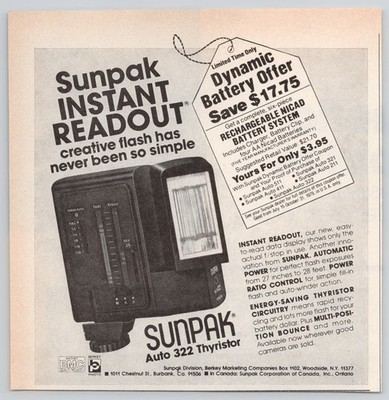 Sunpak Instant Readout Auto 322 Thyristor Battery System 1979 Vintage Print Ad