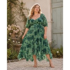 Hutch Anthro Floral Velvet Burnout Midi Dress 1X Green Good Puff Sleeve Ruffle