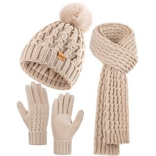 Winter Beanie Hat Scarf Gloves, Warm Fleece Knit Winter Hats Touch Screen Gloves