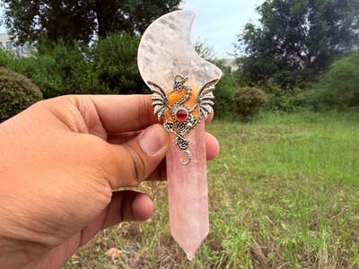 Clear Quartz Moon Rose Quartz Dragon Wand Handmade Crystal Scepter Ornament