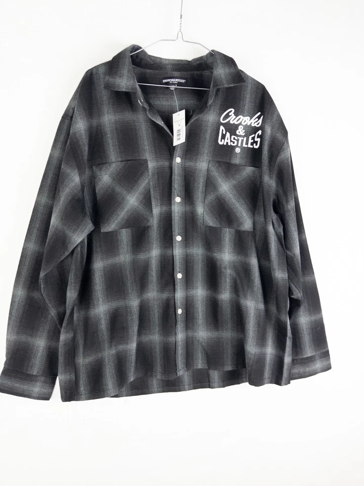 NWT Crooks and Castles Flannel Shirt Mens XL Button Up Spell Out Plaid - Image 2 of 4
