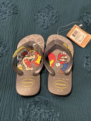 Nintendo Super Mario Havaianas Kids Flip Flops Bowser Mario Gray Size 11/12C NWT