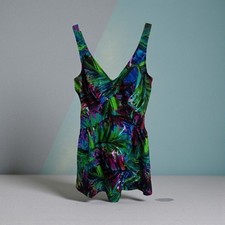 Maxine of Hollywood Tropical Palm Leaf Print Swim Dress Swimsuit Small V Neck