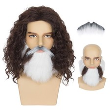 Mens Brown Curly Cosutme Wig with Fake Beard Set for Halloween Cosplay Wizard...