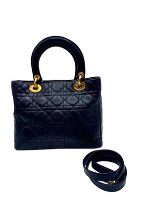 Dior Navy Blue Ultramatte Lambskin Lady Dior Medium 2way Tote Bag Auth