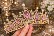 Pink Crystal Gold Crown Tiara Rhinestone Bridal Pageant Princess Headpiece Hair