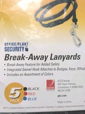 Breakaway Lanyards Pack Of 5 w/ Swivel Hook Black,Red,Blue Office Plant Security