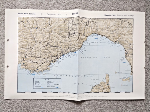 Ligurian Sea : Physical and Strategic - 1943 Vintage WW2 Serial Map Service Map