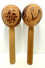 VTG. 2 Handmade Beautifully Carved Wooden Stained Maracas From Costa Rica 6037