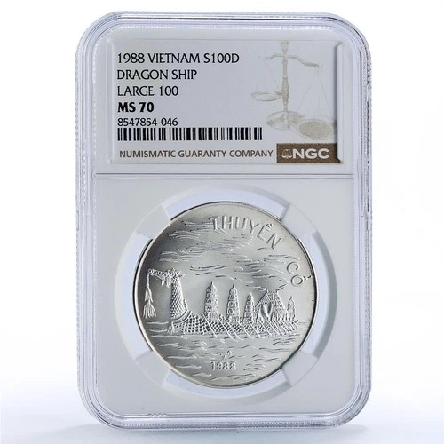 Vietnam 100 dong Dragon Boat Large 100 History Ship MS 70 NGC silver coin 1988