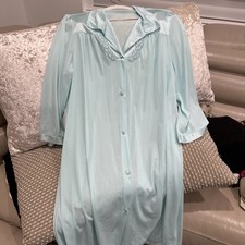 Vintage Vanity Fair Silky Nylon Nightgown Medium M Aqua Blue Button Up