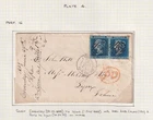 GB. QV. 2d blue, plate 4 pair(EF/EG) on cover to Lyon, France. 1855.