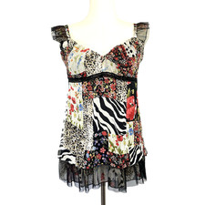 Vintage Y2K Womens Babydoll Top Size M Fairy Grunge Whimsigoth Animal Patchwork