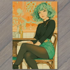 POSTCARD Green Hair Woman Black Shirt Yellow Sleeves Orange Skirt Retro Diner Ne