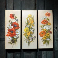 Vintage Botanical Lithograph Trio Retro Orange Yellow Florals Robert Laessig 14”