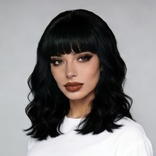 Black Wigs for Women Short Bob Wavy Wig with Bangs 14 Inch